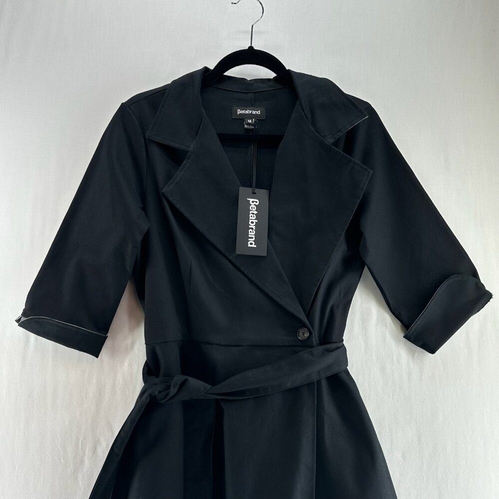 Betabrand Wrap Jacket Dress Womens M Trench Coat Pockets Belted 3/4 Sleeve Black - Picture 5 of 13